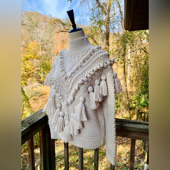 SOLD-Zimmermann Kaleidoscope Natural Crochet Tassel Pom Embellished Wool Sweater - Picture 4 of 9